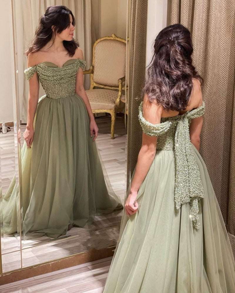 Elegant Off Shoulder Sage Evening Dresses for Women Wedding Guest Luxury Beaded Arabic Long Formal Party Gown