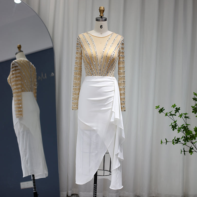 Dubai White Mermaid Arabic Evening Dress Long Sleeve 2022 Luxury Beading Women for Wedding Party Gowns Midi Prom Formal Dresses