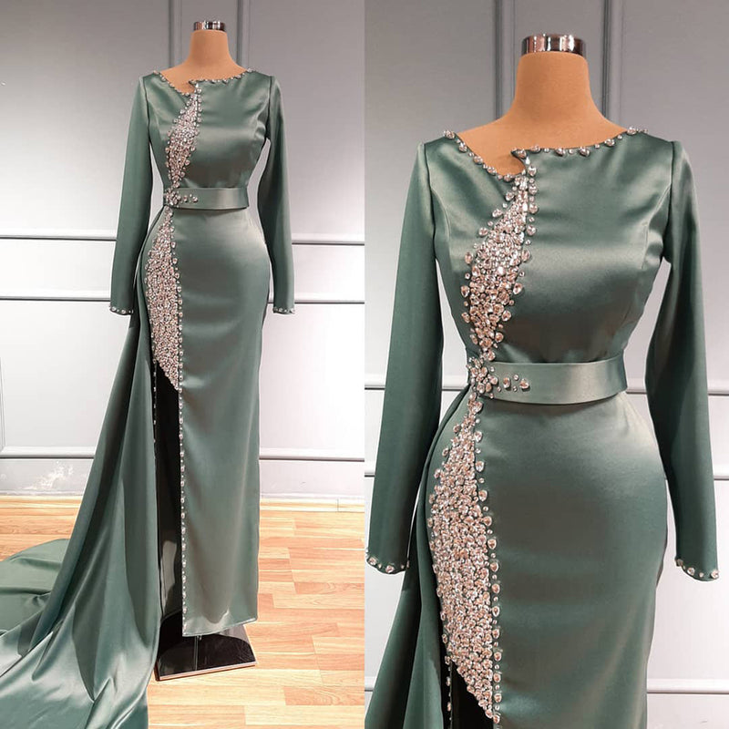 Simple Satin Dubai Evening Dresses Long Sleeves Prom Gowns Celebrity Beaded Crystal For robe de soirée de mariage