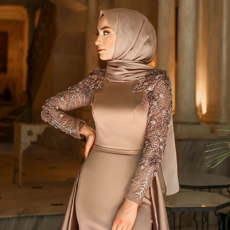 Elegant Champagne Long Sleeves Muslim Evening Dress with Detachable Ov Chellen-prom Elegant Champagne Long Sleeves Muslim Evening Dress with Detachable Ov Chellen-prom