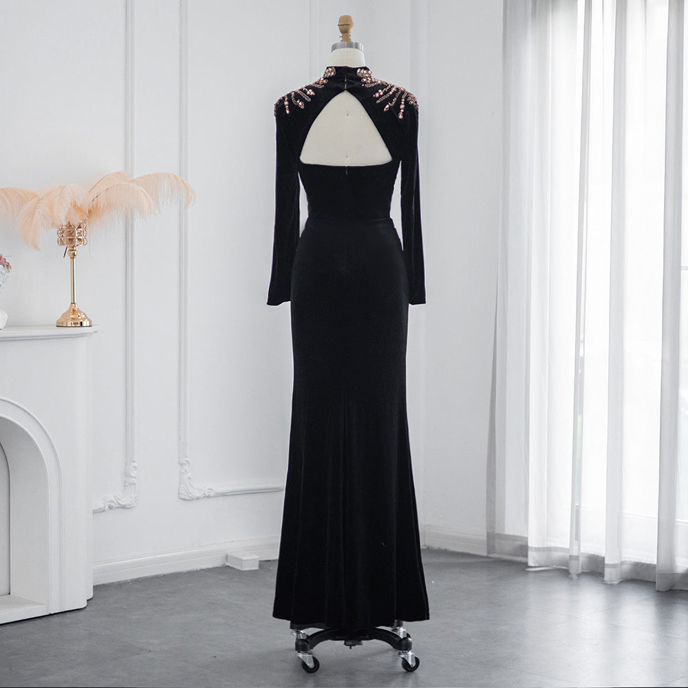 Elegant Black Velvet Mermaid Muslim Evening Dress Luxury Dubai Long Sleeve Arabic Women Wedding Party Gowns