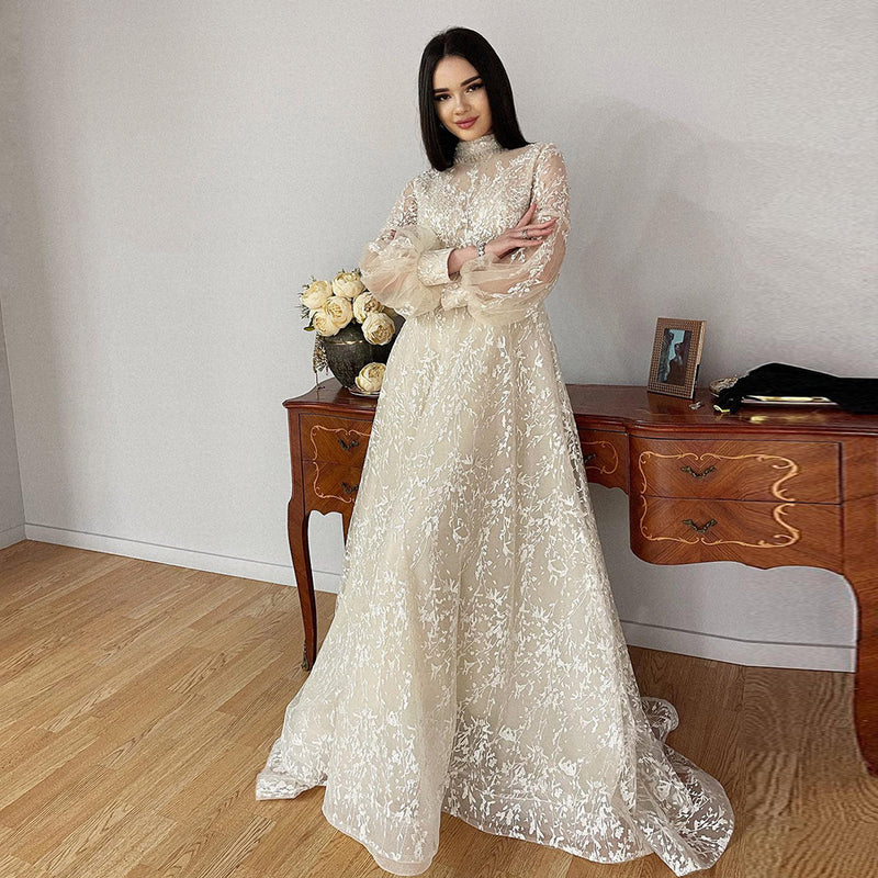 Elegant Biege Lace Muslim Evening Dress 2022 Luxury Dubai Beaded Long Sleeve Women Wedding Party Formal Gowns