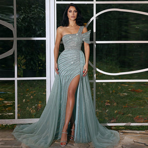 Dubai Turquoise Evening Dress with Overskirt Side Slit Elegant One Shoulder Wedding Formal Party Gowns