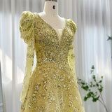 Luxury Dubai Yellow Arabic Evening Dress 2023 Elegant Long Sleeve Blue Muslim Women Wedding Formal Party Gowns