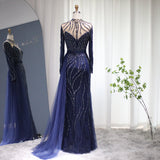 Luxury Navy Blue Lace Mermaid Dubai Beaded Evening Dress with Detachable Skirt Long Sleeve Arabic Formal Gowns for Women Wedding Party