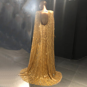 Luxury Gold Dubai Evening Dresses with Cape Sparkly Beaded Elegant Long Formal Party Dress for Women Wedding