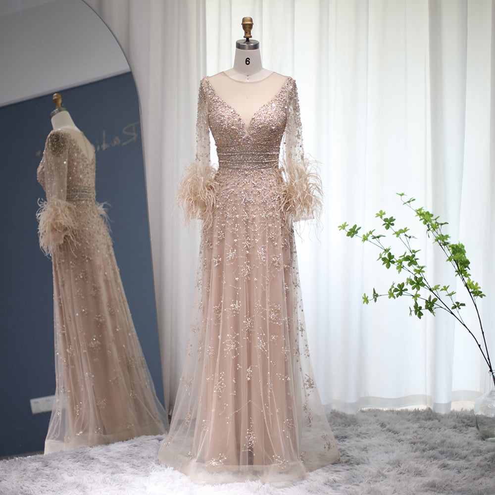 Elegant Champagne Feathers Long Sleeves Evening Dresses Luxury 2022 Dubai Beaded Muslim Women Wedding Formal Party Gowns