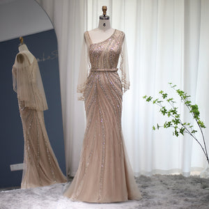 Luxury Dubai Mermaid Gold Evening Dress with Cape Silver One Shoulder Long Prom Dresses for Women Wedding Party