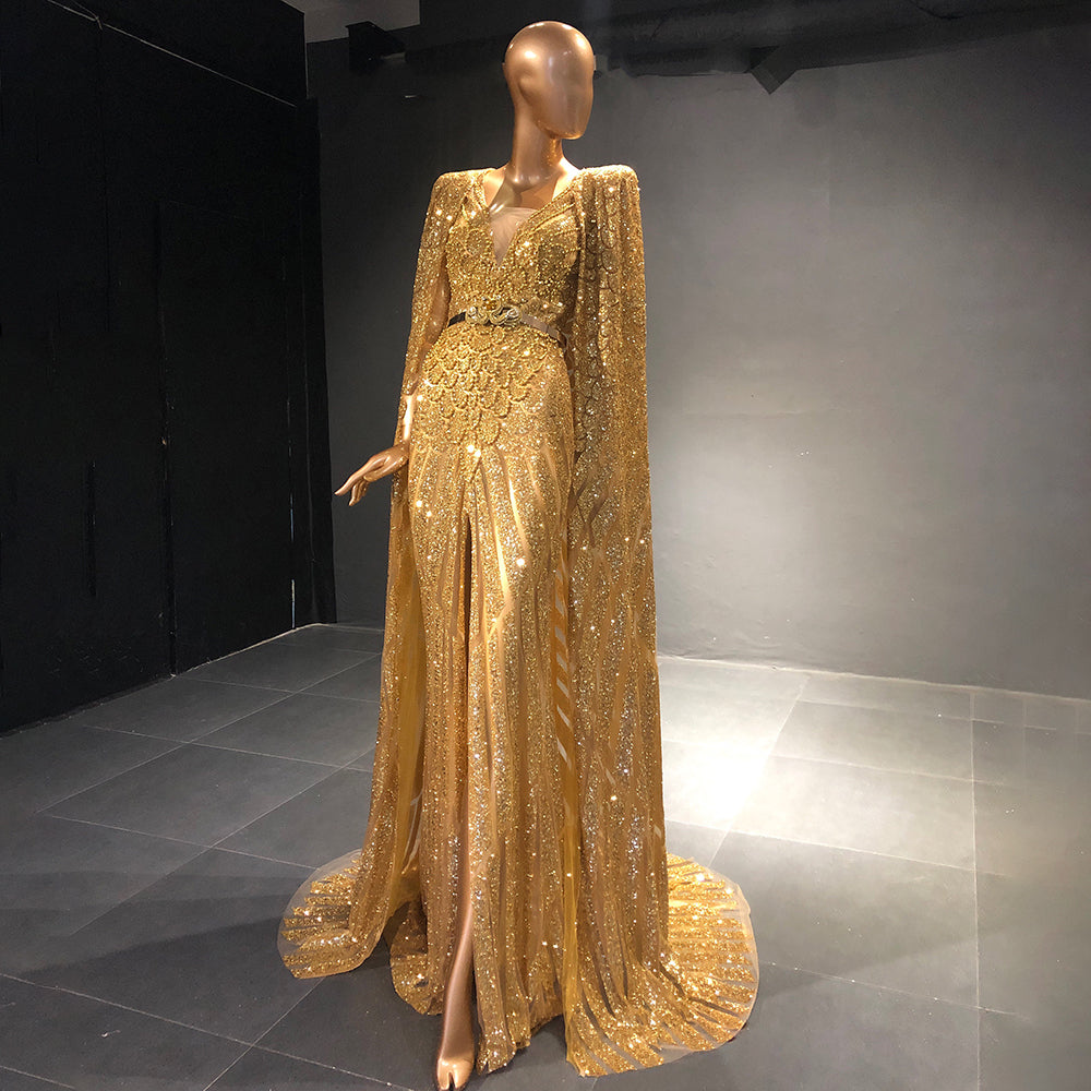 Amazon.com: MBETA Luxury Gold Arabic Evening Dress with Cape Sleeve Crystal  Silver Formal Dresses for Women Wedding Party : Clothing, Shoes & Jewelry