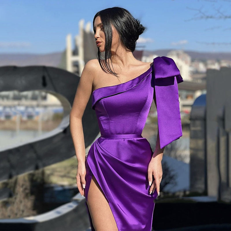 Mermaid One Shoulder Purple Satin Evening Dress Sexy High Split Party Women Prom Gowns with Bow Robes De Soirée فساتين ال