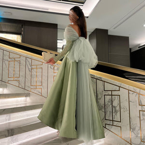 Mint Green Crystal Luxury Dubai Evening Dresses for Women Wedding Party Gold Black Long Sleeve Gala Prom Dress