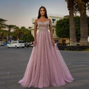 Glitter Pink Beaded Elegant Prom Dress Spaghetti Straps Crystal Shiny Tulle A Line Women's Evening Dress