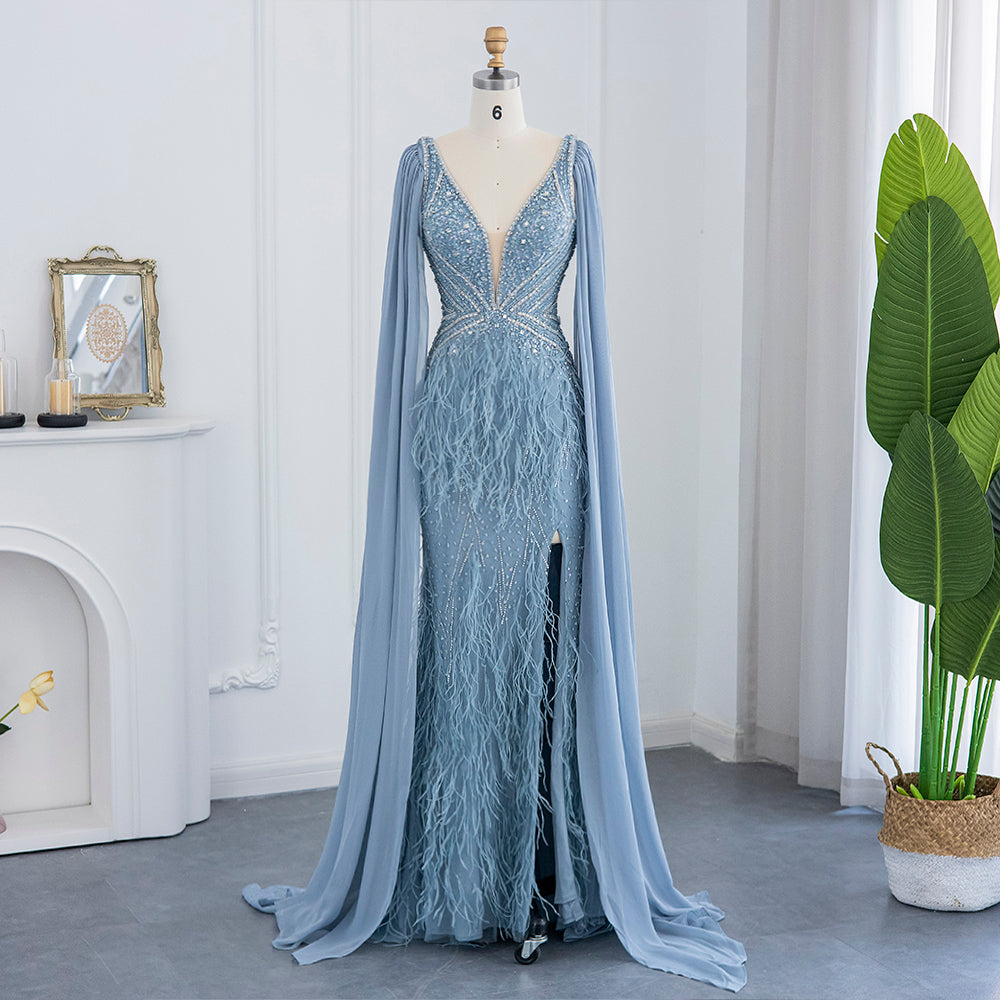 Mermaid Blue Feathers Evening Dress with Cape Sleeve Backless Prom Dresses for Women Wedding Party Gowns
