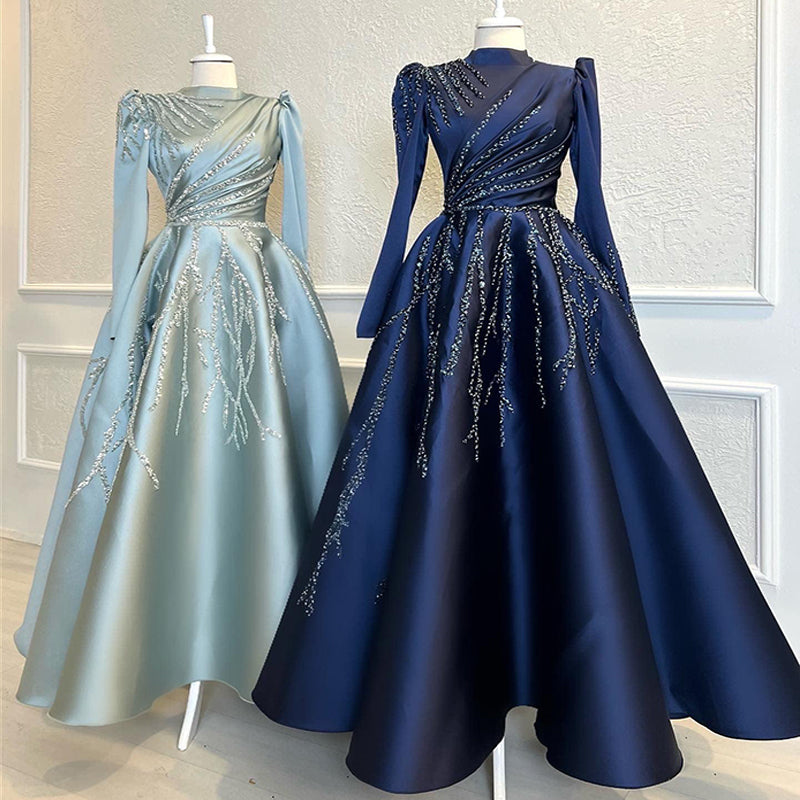 Navy Blue Muslim Evening Dresses for Women Wedding Guest 2022 Luxury Beaded Dubai Formal Party Gowns