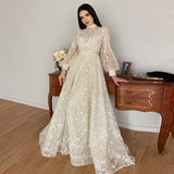 Elegant Biege Lace Muslim Evening Dress 2022 Luxury Dubai Beaded Long Sleeve Women Wedding Party Formal Gowns