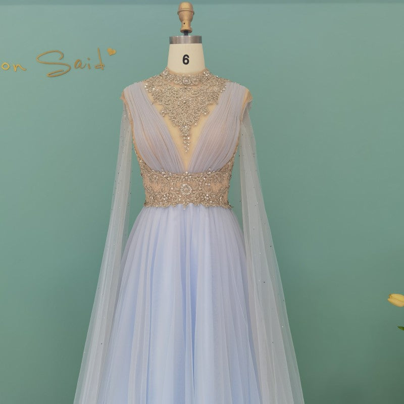 Luxury Dubai Crystal Light Blue Arabic Evening Dress with Cape Sleeve Elegant Women Long Formal Party Dresses for Wedding