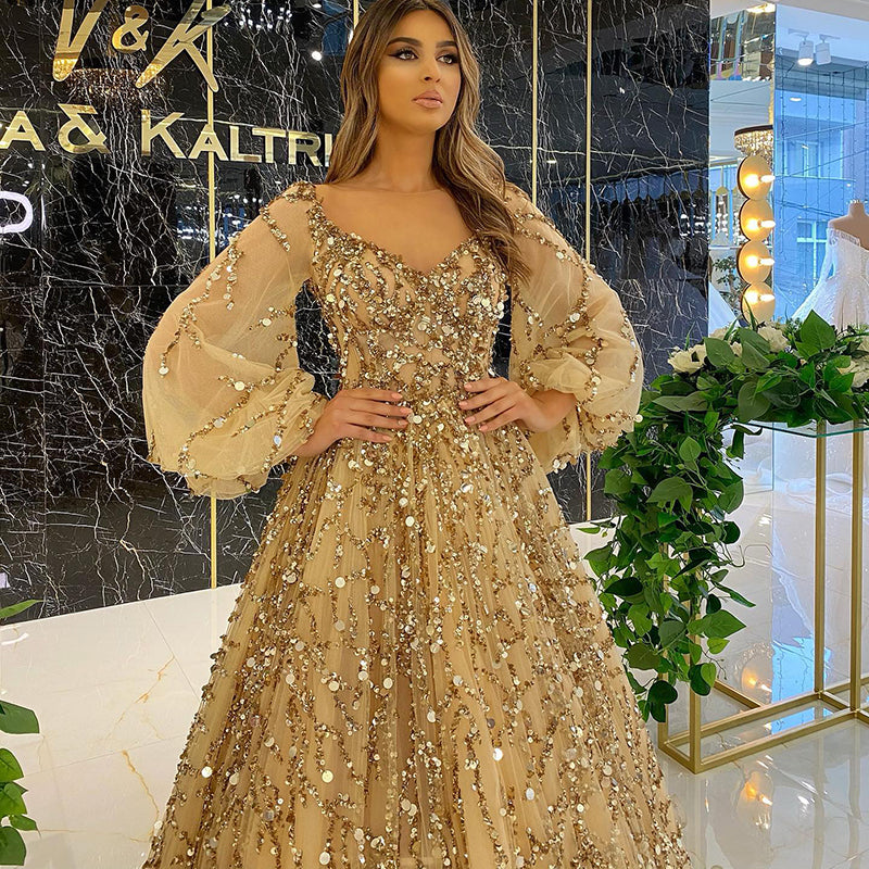 Luxury Dubai Gold Beading A-Line Evening Dresses for Women Wedding Party Elegant Muslim Arabic Formal Gowns
