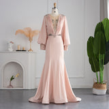 Blush Pink Mermaid Evening Dress 2022 Luxury Dubai Crystal Long Sleeve Formal Dress for Women Wedding