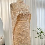 Luxury Pearls Dubai Champagne Evening Dresses with Cape 2023 New Arabic Women Mermaid Wedding Party Prom Dress SS369