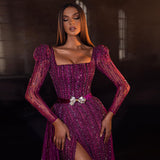 Luxury Dubai Fuchsia Evening Dresses for Women 2022 Elegant Long Sleeves Overskirt Arabic Formal Party Gowns