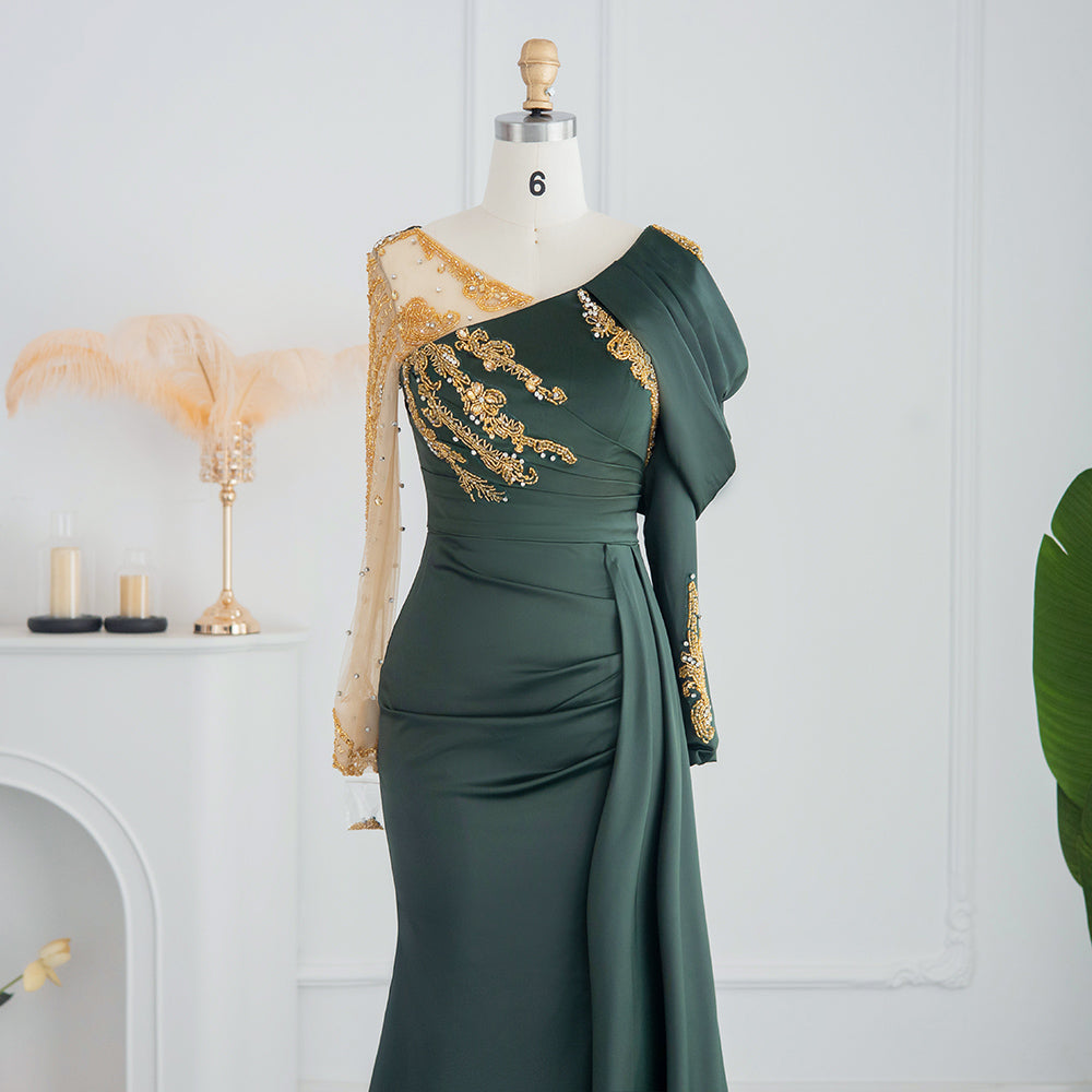 Luxury Emerald Mermaid Arabic Evening Dress for Women Wedding Beaded Overskirt Elegant Formal Party Gown