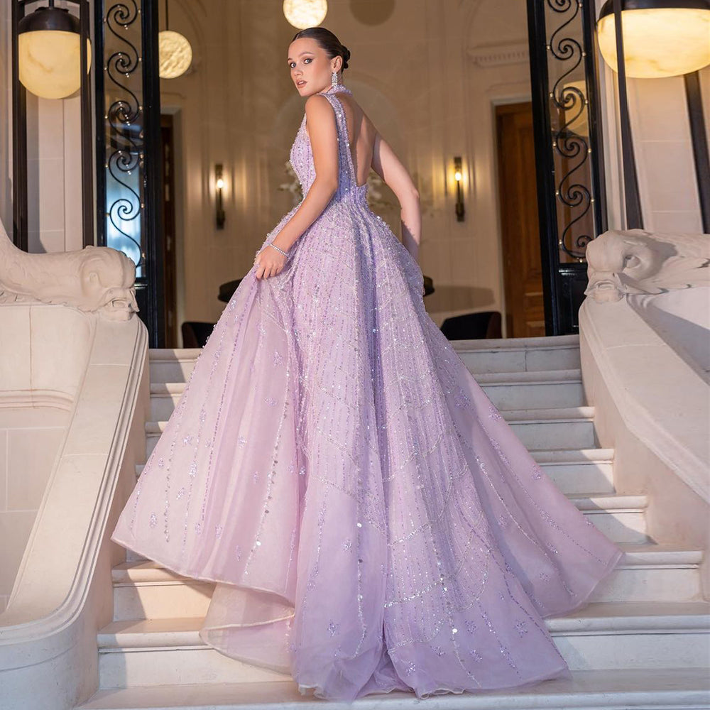 Beaded Dubai Lilac Evening Dresses for Women Wedding Party 2022 Elegant Long Arabic Prom Formal Gowns