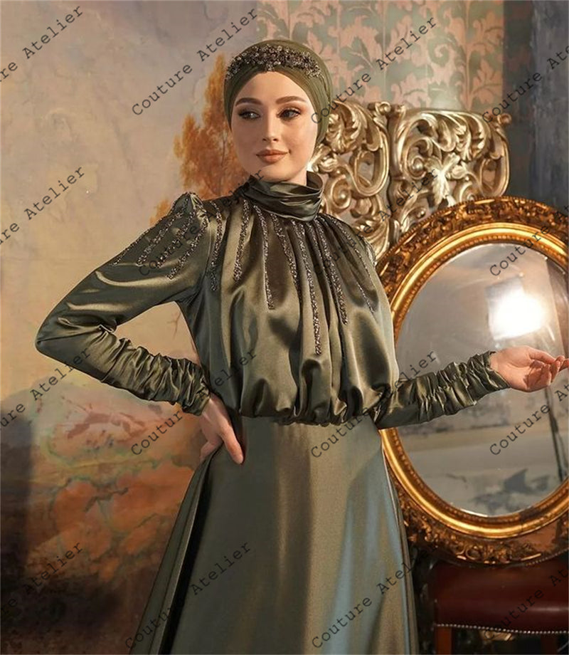Satin Muslim Evening Dresses 2022 Beaded Women Dress For Party And Wedding Long Sleeve Dinner Gown High Neck A Line Dubai Kaftan