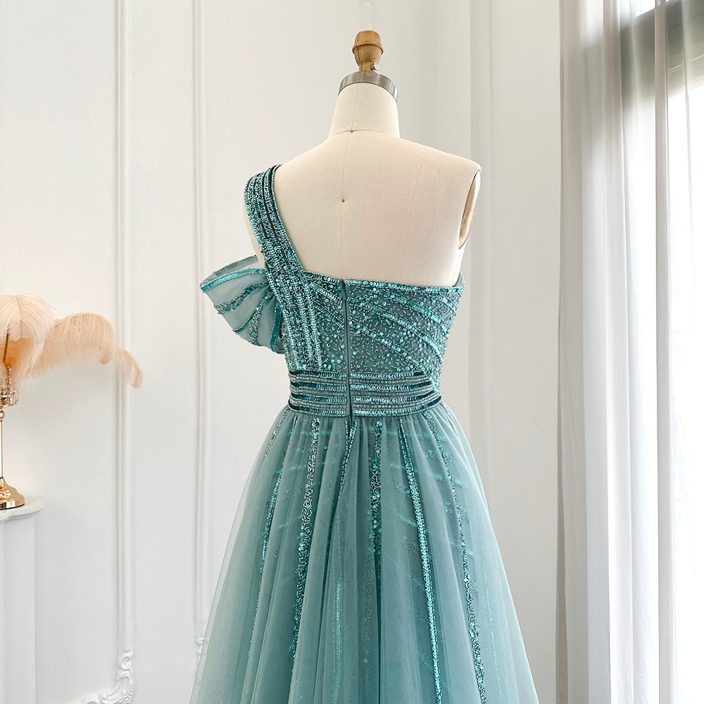 Dubai Turquoise Evening Dress with Overskirt Side Slit Elegant One Sho Chellen-prom Dubai Turquoise Evening Dress with Overskirt Side Slit Elegant One Sho Chellen-prom