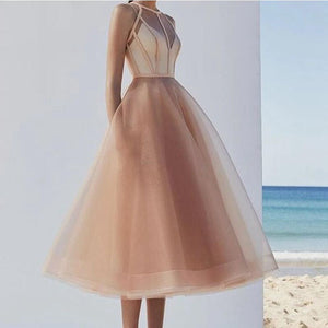 Charming Champagne A-Line Party Prom Gowns 2022 Tea Length Sleeveless Tulle Formal Evening Dresses For Women Robes De Soirée