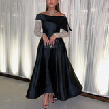 Black Dubai Evening Dresses Off the Shoulder Satin A-line Prom Gown Ankle Length Elegant Saudi Arabic Evening Dress Formal Gowns