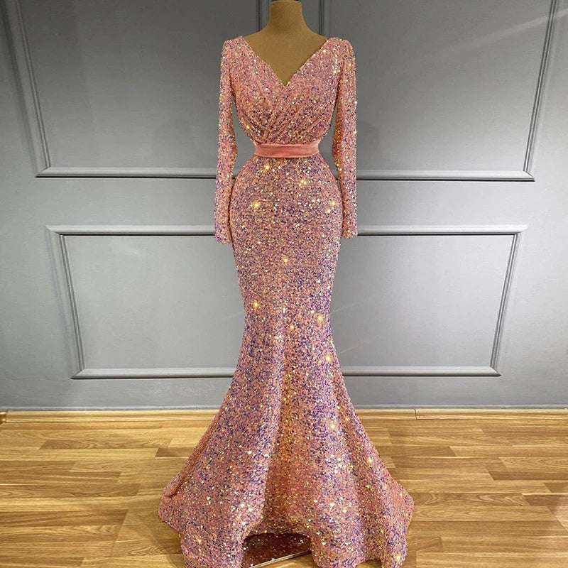 Blush Pink Stretch Sequin Mermaid Muslim Evening Dresses Long Sleeve Elegant Prom Formal Dress for Women Wedding Party