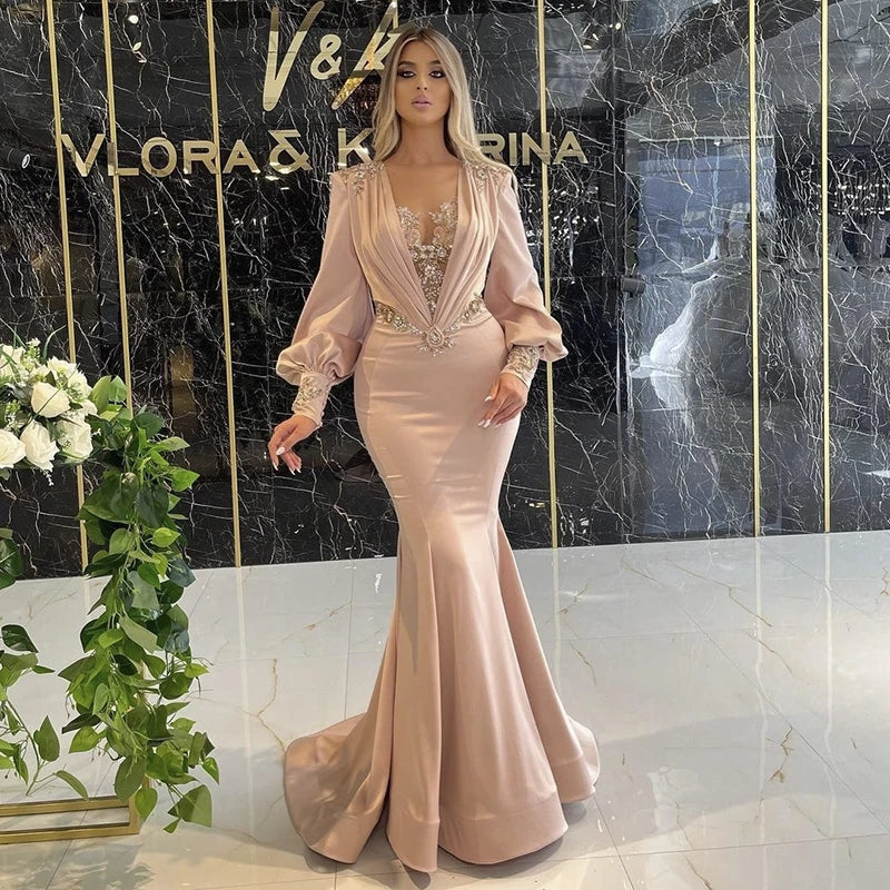 Blush Pink Mermaid Evening Dress 2022 Luxury Dubai Crystal Long Sleeve Formal Dress for Women Wedding