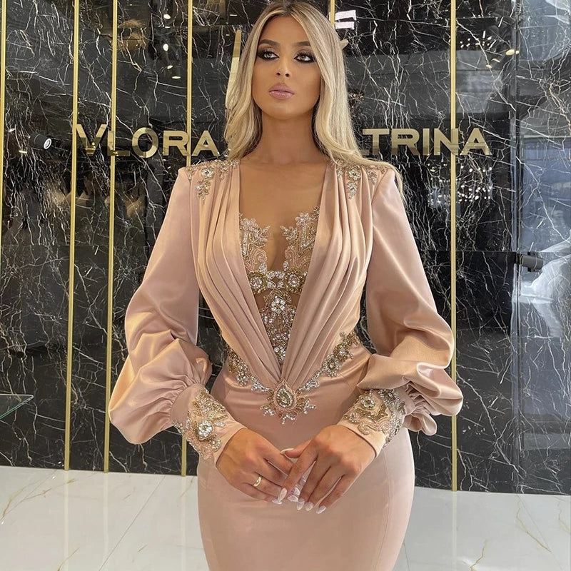 Blush Pink Mermaid Evening Dress 2022 Luxury Dubai Crystal Long Sleeve Formal Dress for Women Wedding