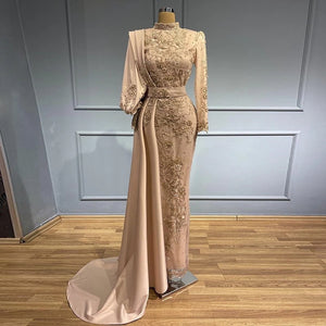 Dubai Embroidery Muslim Evening Dresses Long Sleeves 2022 Elegant Arabic Formal Party Dress for Wedding Guest