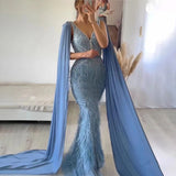 Mermaid Blue Feathers Evening Dress with Cape Sleeve Backless Prom Dresses for Women Wedding Party Gowns