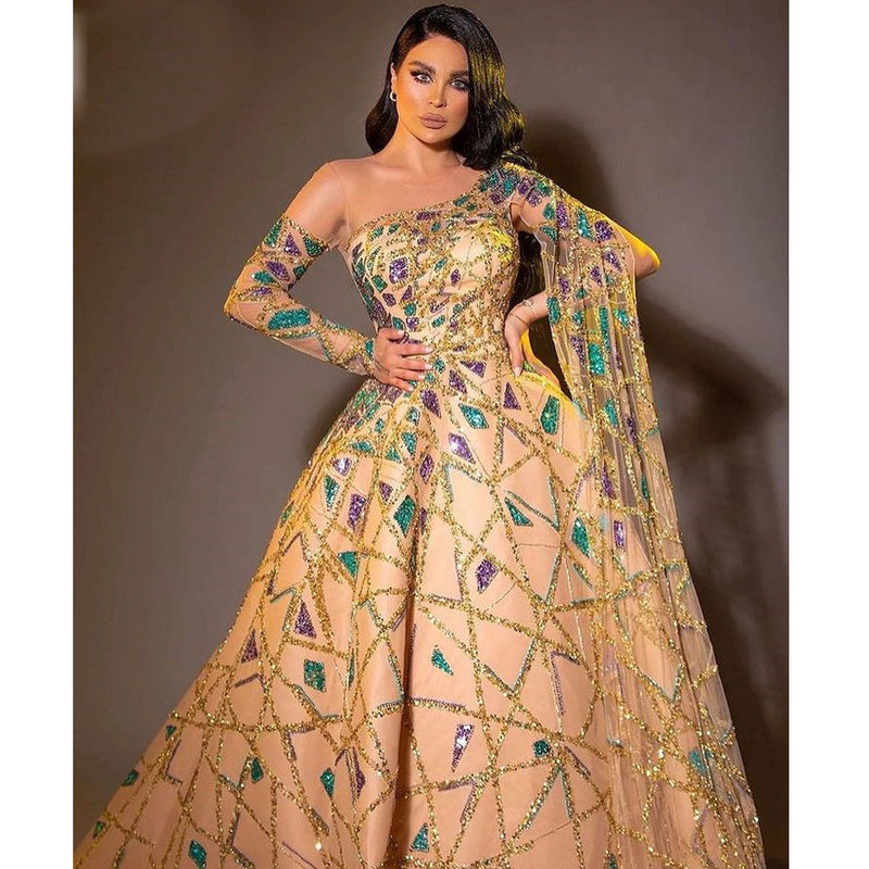 Dubai Mermaid Evening Dresses 2022 With Long Cape Luxury Beaded Champagne Long Prom Gowns Modest Party Dress