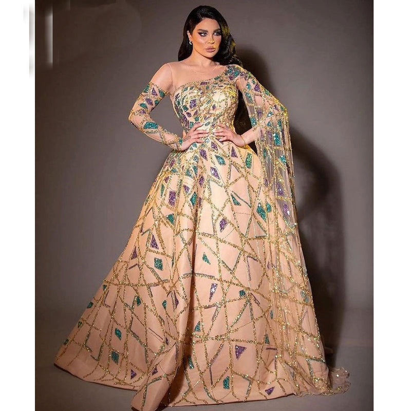 Dubai Mermaid Evening Dresses 2022 With Long Cape Luxury Beaded Champagne Long Prom Gowns Modest Party Dress