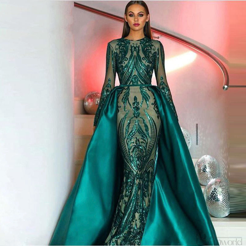Emerald Sequins Long Sleeve Mermaid Evening Dresses 2022 Elegant Prom Dress Detachable Skirt Saudi Arabia 2 Pieces Formal Gowns