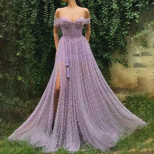 2022 Beaded Pearl Luxe Prom Dresses Long Party Dresses Deep Off Shoulder Evening Dresses