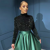 Muslim Evening Night Dress for Women Long Sleeves High Neck Sequin Velvet Formal Prom Wedding Party Gowns