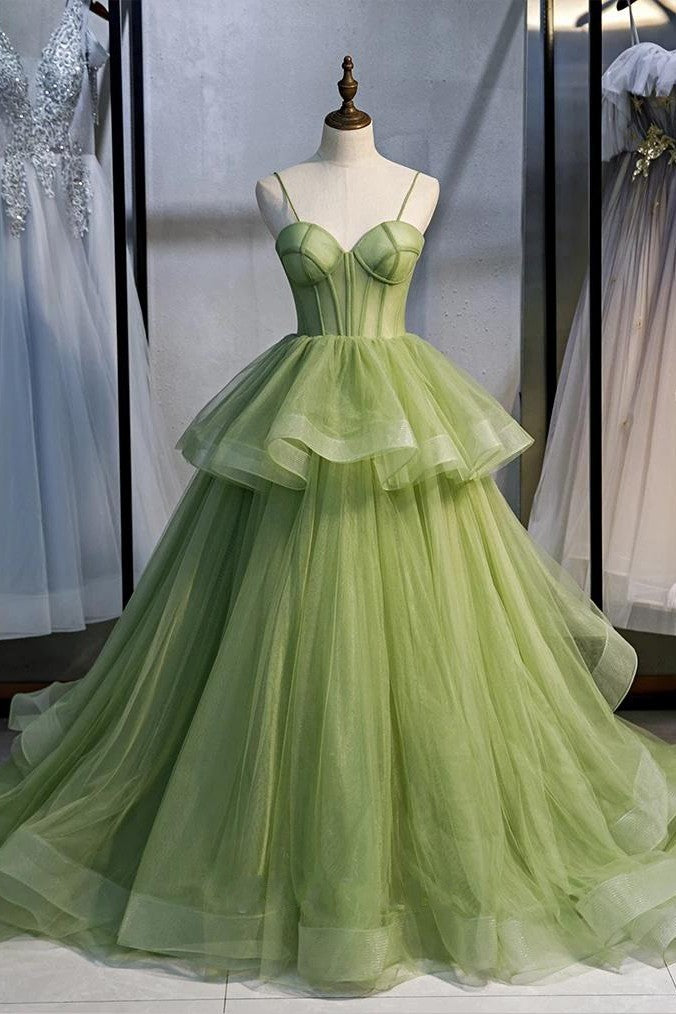 Grass Green Tulle Cute Prom Formal Ball Gown Sweetheart Neckline Prom Dresses Long Party Dresses