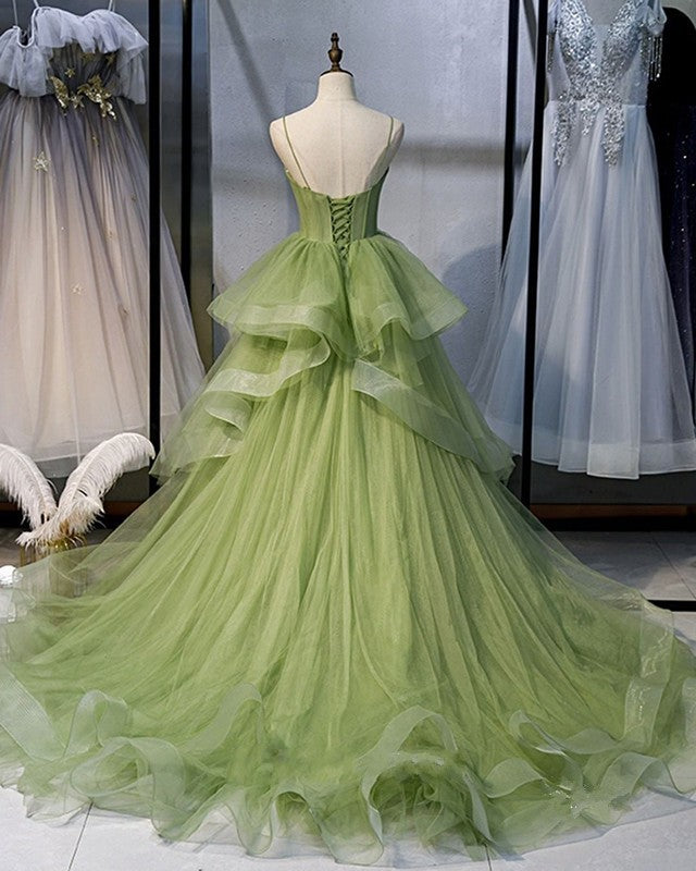 Grass Green Tulle Cute Prom Formal Ball Gown Sweetheart Neckline Prom Dresses Long Party Dresses