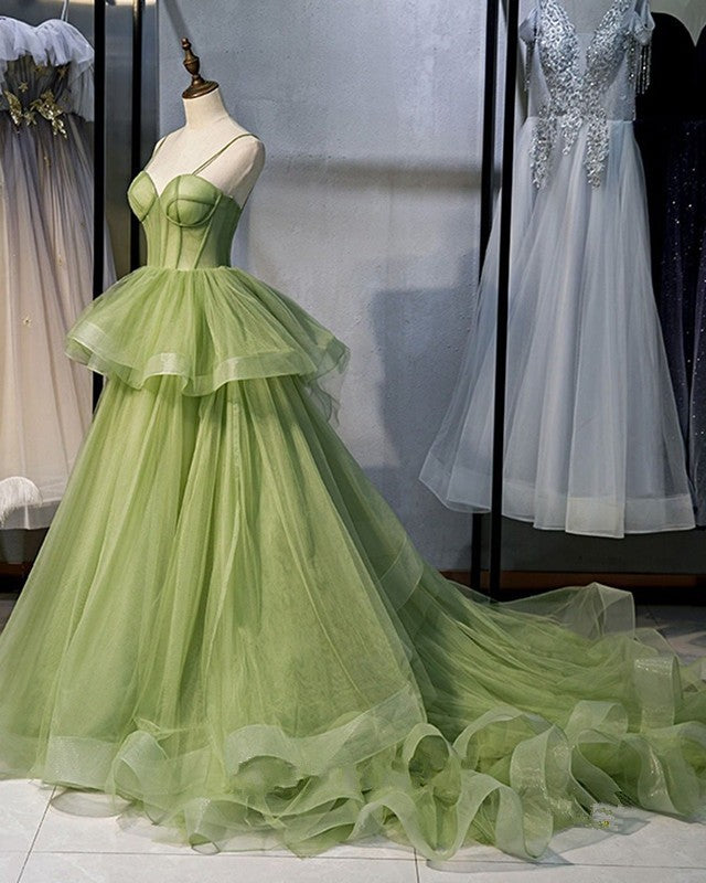 Grass Green Tulle Cute Prom Formal Ball Gown Sweetheart Neckline Prom Dresses Long Party Dresses
